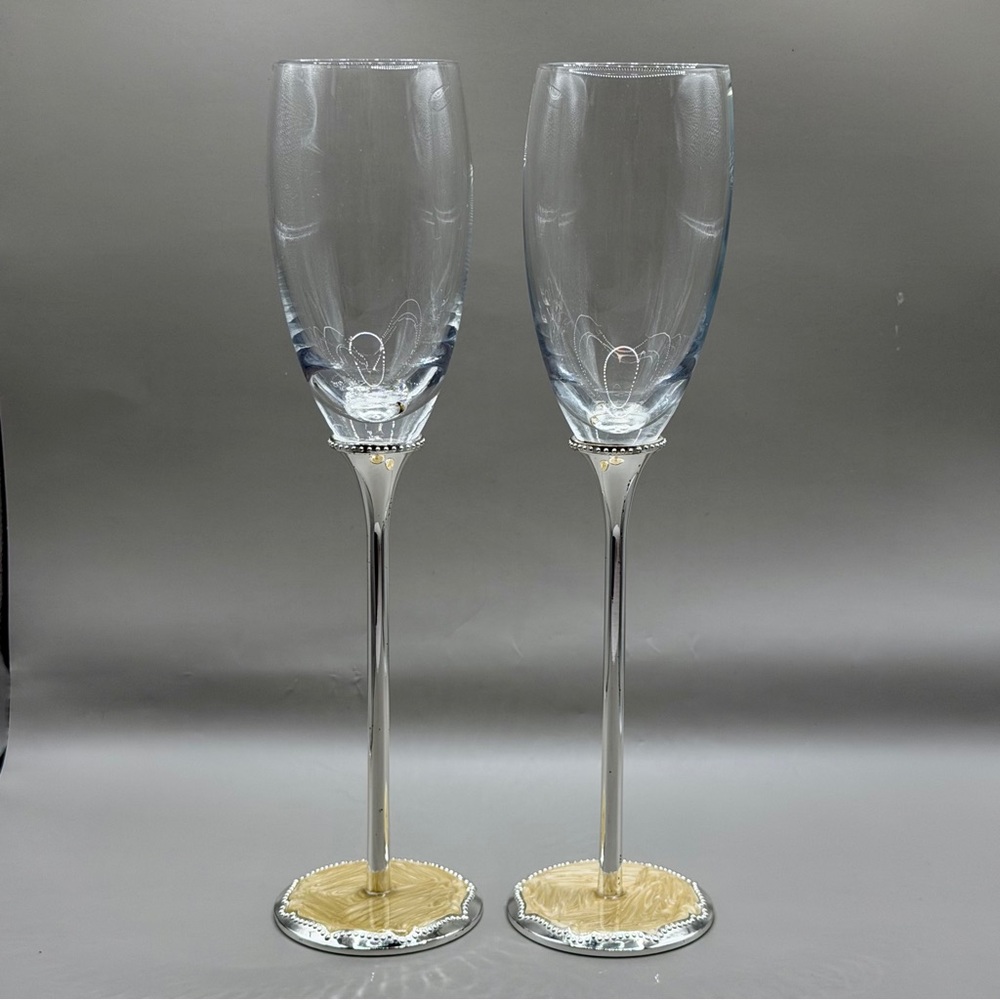 Papyrus Silver Stem Champagne Flutes‎ Pair - Cream Enamel Base